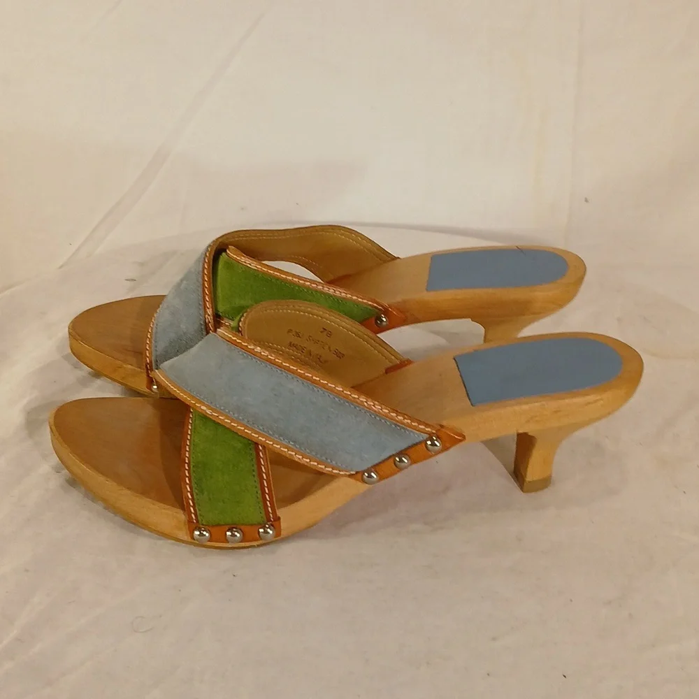 Stunning Coach Blue & Green Seude Wood Studded Mule/Sandal - Picture 3 of 16